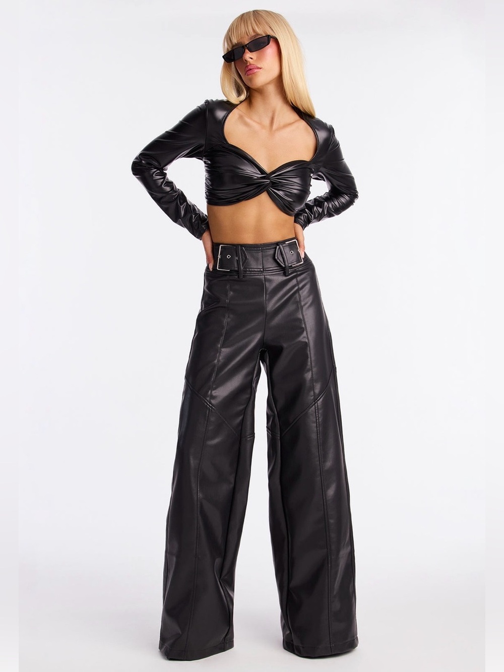 High-Waist Wide-Leg Faux Leather Pants - Black